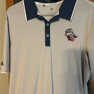 Gray adidas polo. Rocket City Trash Panda logo embroidered.